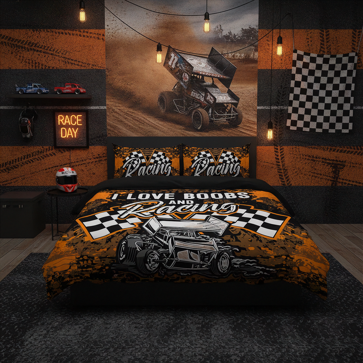 A racing-themed bedding set displayed on a bed in a styled bedroom. The duvet cover and matching pillowcases feature a graphic of a sprint car, checkered flags, and the text 'I LOVE BOOTS AND Racing'.
