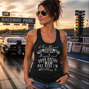 "I Never Dreamed I'd Grow Up To Be A Super Cool Drag Racing Mom" apparel collection featuring women's v-necks, flowy racerback tanks, lightweight crop hoodies, and fleece sweatshirts.