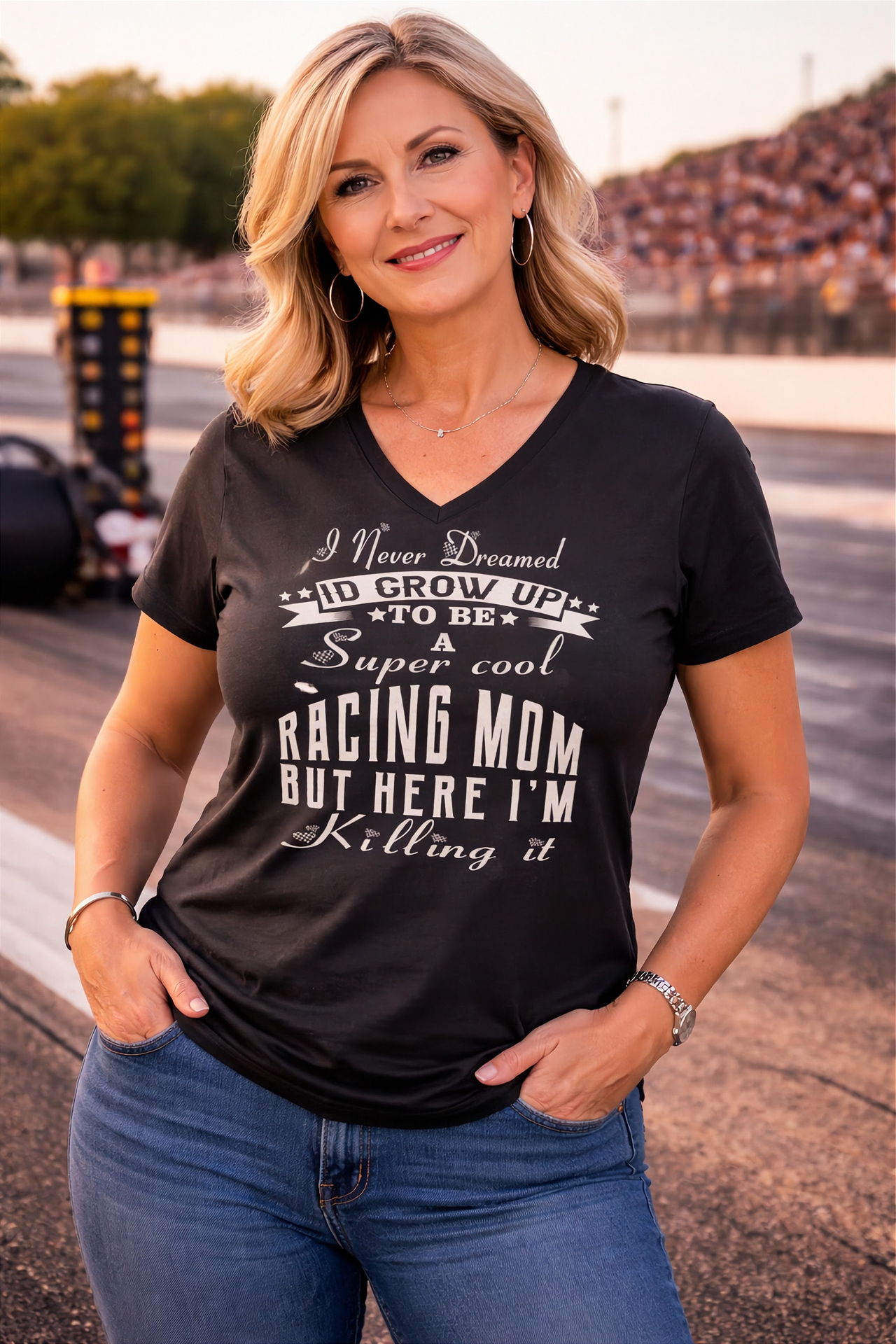 "I Never Dreamed I'd Grow Up To Be A Super Cool Racing Mom" apparel collection featuring women's v-necks, flowy racerback tanks, crop tees, and fleece hoodies.
