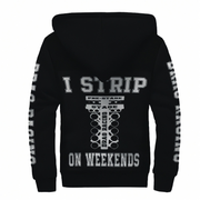A black pullover hoodie shown from the back, featuring a large white and gray drag racing graphic with the text 'I STRIP ON WEEKENDS' and 'PRE-STAGE STACK DRAG RACING' on the back, with white text down both sleeves.