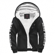 A black zip-up hooded jacket with a white sherpa lining, featuring white 'DRY BAY' text printed down both sleeves and a small multicolor fish graphic on the left chest.