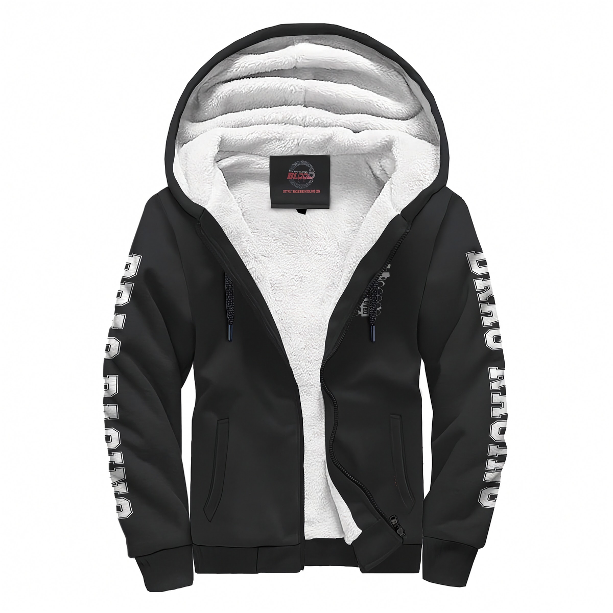 A black zip-up hooded jacket with a white sherpa lining, featuring white 'DRY BAY' text printed down both sleeves and a small multicolor fish graphic on the left chest.
