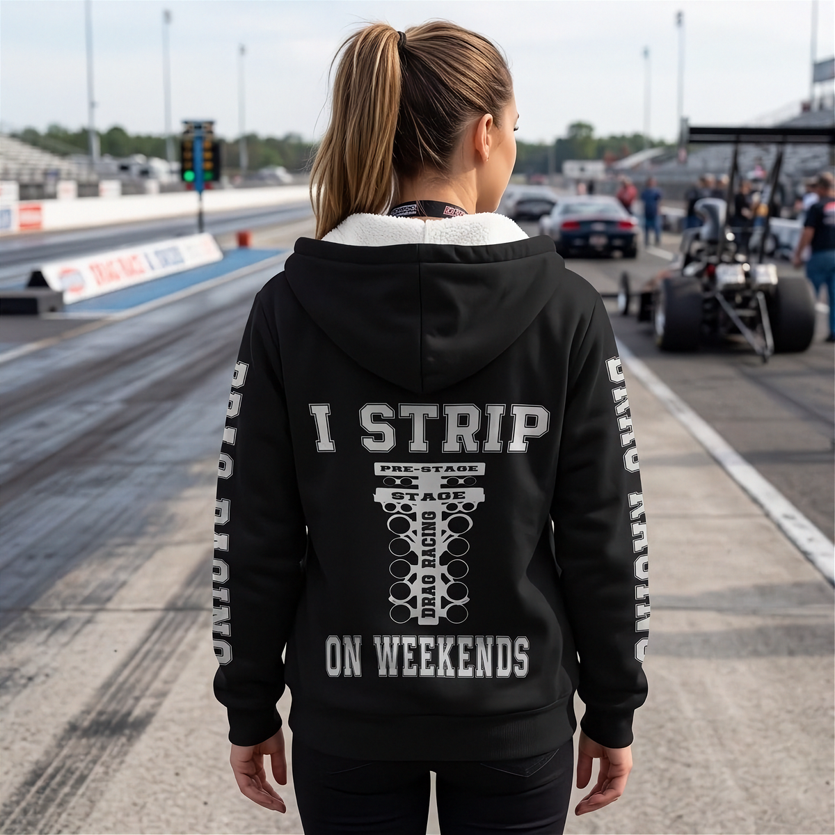 A woman stands on a drag racing track wearing a black hoodie with a white graphic print on the back that reads 'I STRIP ON WEEKENDS' and 'PRE-STAGE X STAGE X RACING'.
