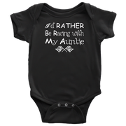 black baby racing onesie with a white background