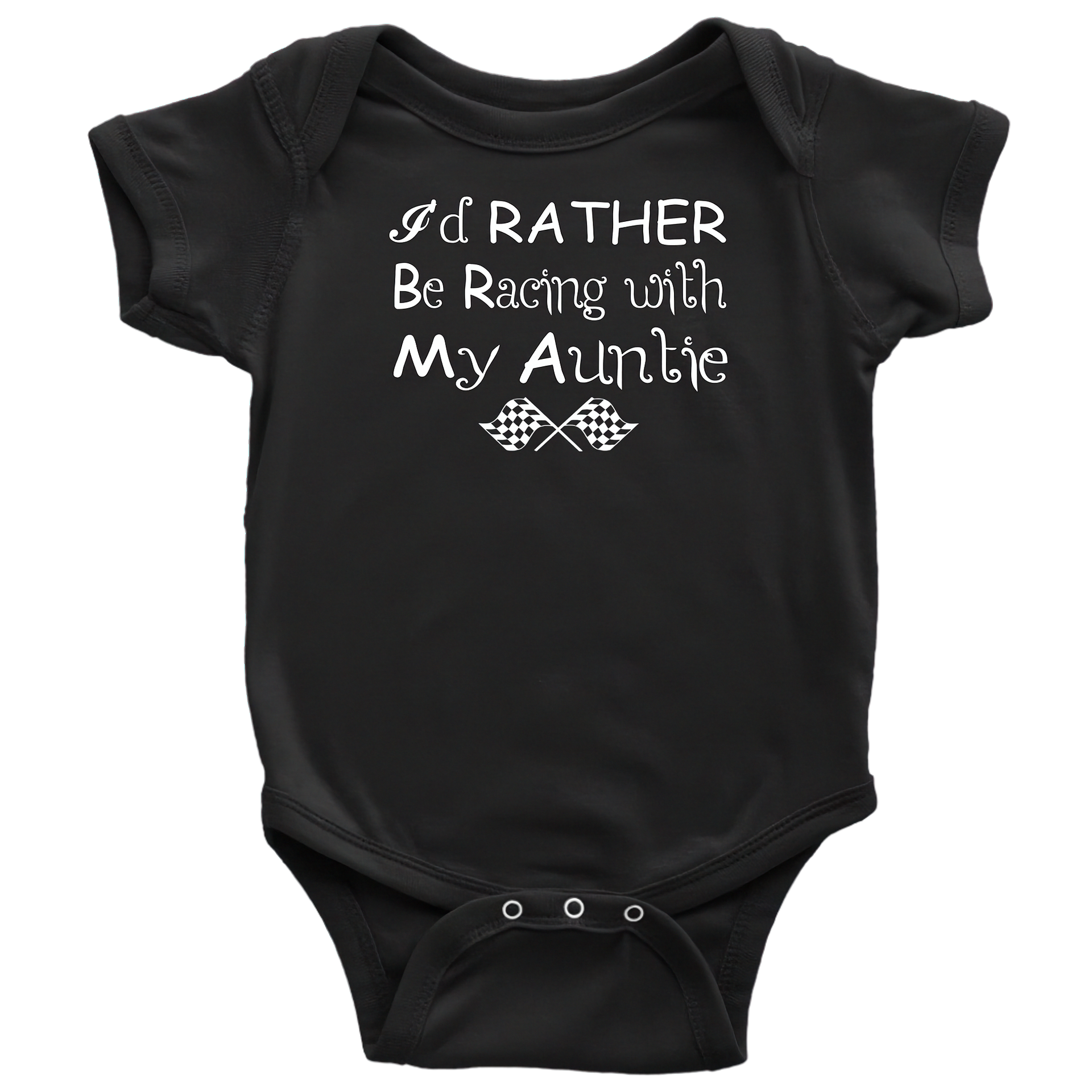 black baby racing onesie with a white background