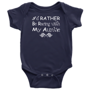 navy racing baby onesie with white background