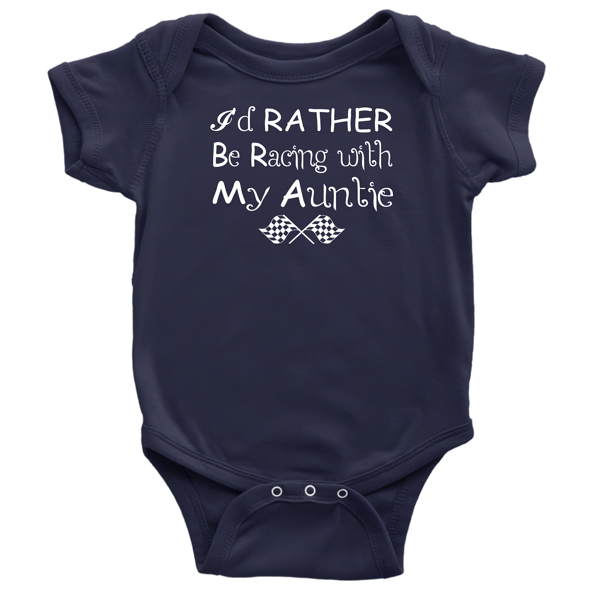 navy racing baby onesie with white background