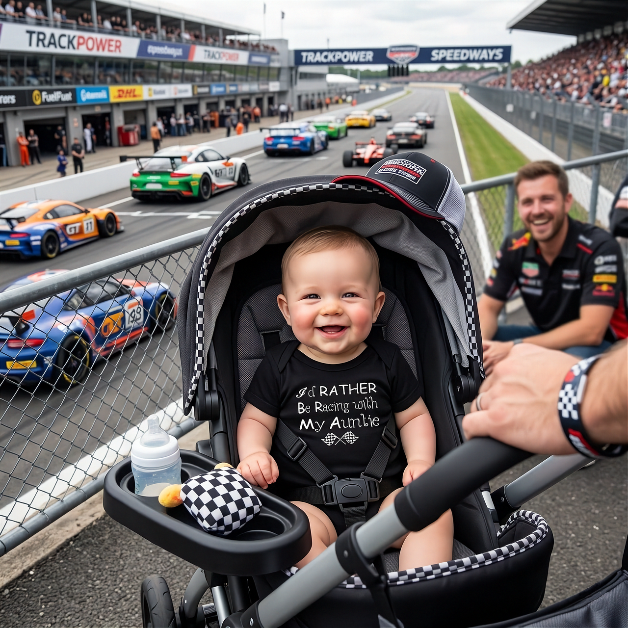 baby in a stroller wearing a racing themed onesies