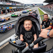 baby in a stroller wearing a racing themed onesies