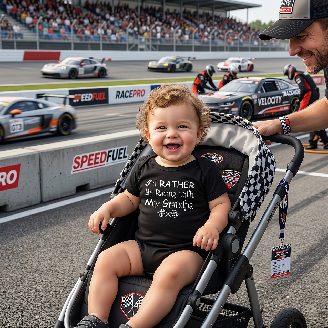 Child in a stroller at a race track with racing cars in the background