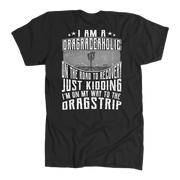 Black t-shirt with white text and graphic on a white background