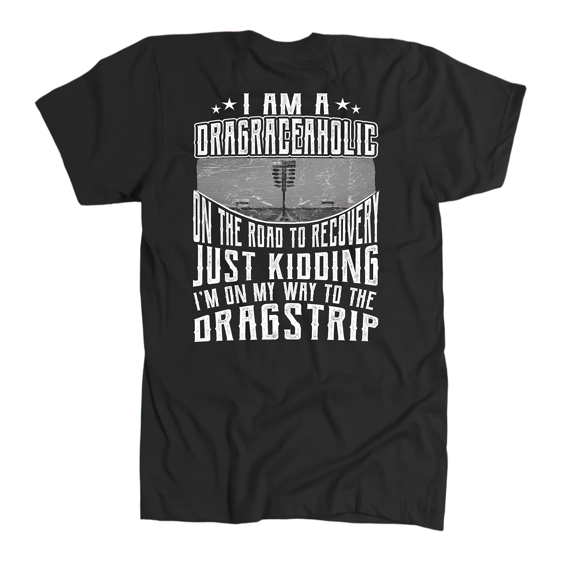 Black t-shirt with white text and graphic on a white background