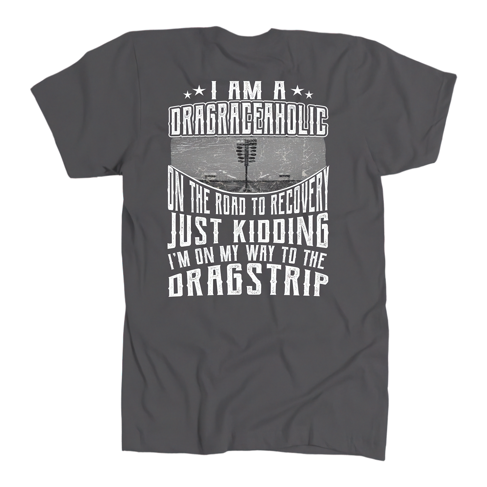 Gray t-shirt with white text and graphic on a white background