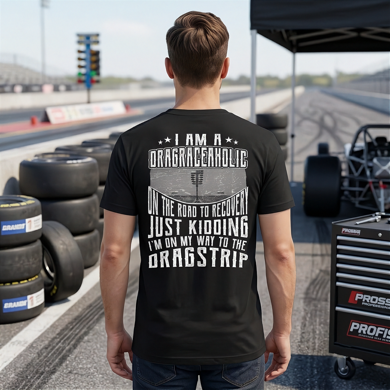 Man wearing a black t-shirt with drag racing-themed text on a racetrack.