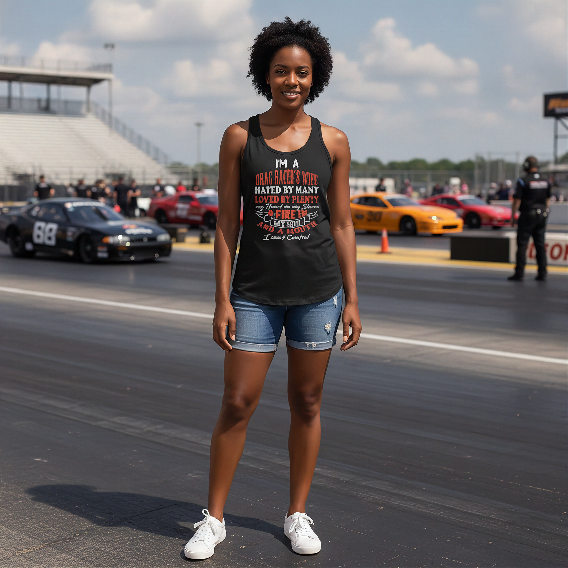 A woman stands on a drag racing track wearing a black graphic tank top with a white and red text design, blue denim shorts, and white sneakers. Race cars and a racetrack are visible in the background.