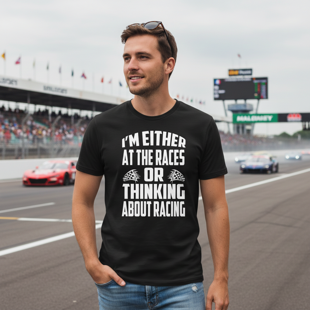 I'm Either At The Races Or Thinking About Racing T-Shirts | Premium Racing Fan Apparel for Men & Women