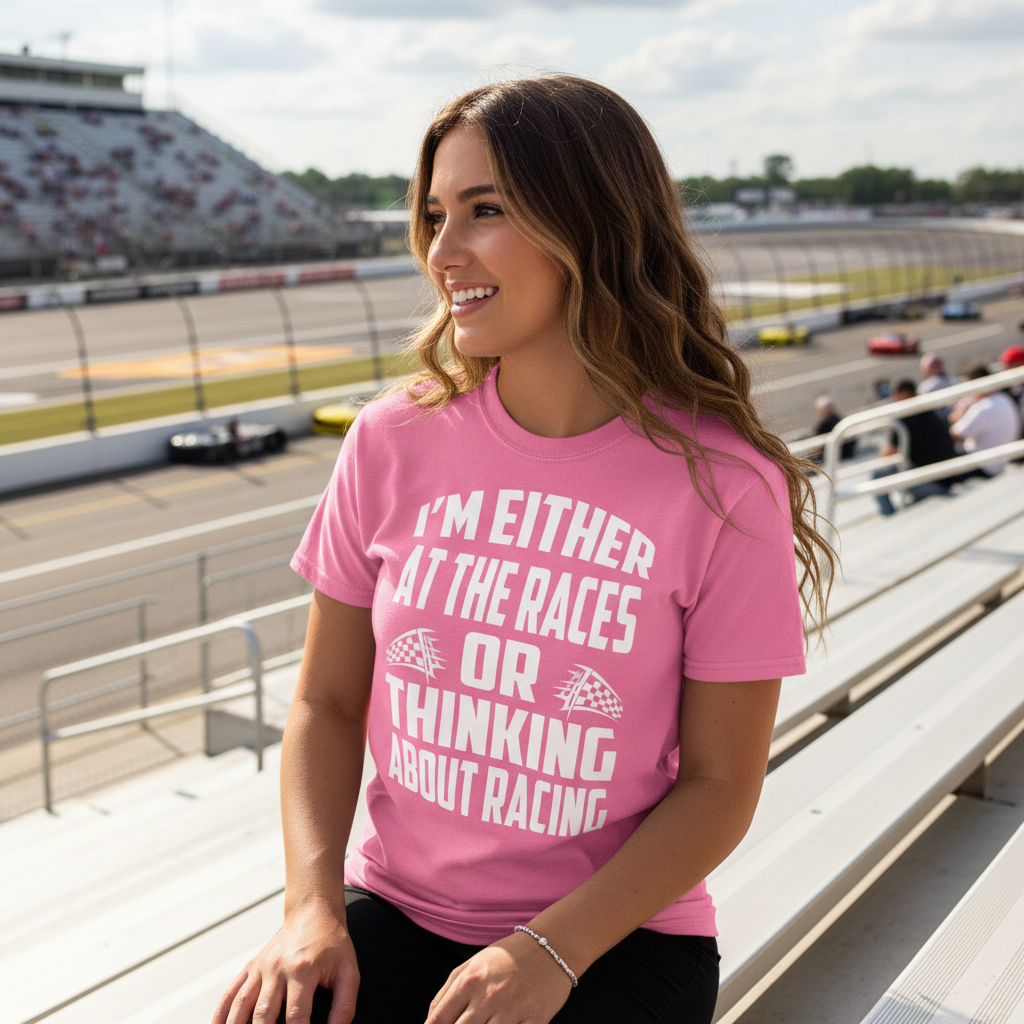 I'm Either At The Races Or Thinking About Racing T-Shirts | Premium Racing Fan Apparel for Men & Women