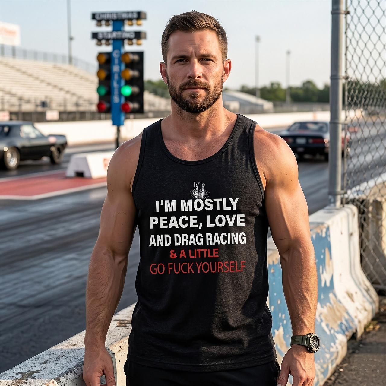 Man wearing a tank top with drag racing text at a race track
