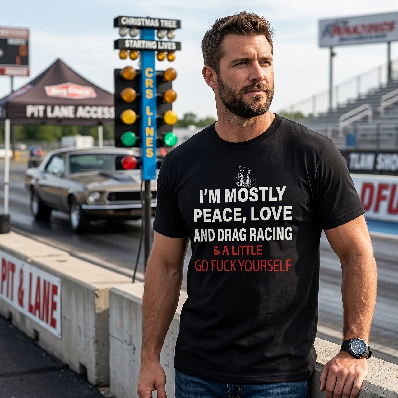 Man wearing a black t-shirt with drag racing quote text at a drag racing event