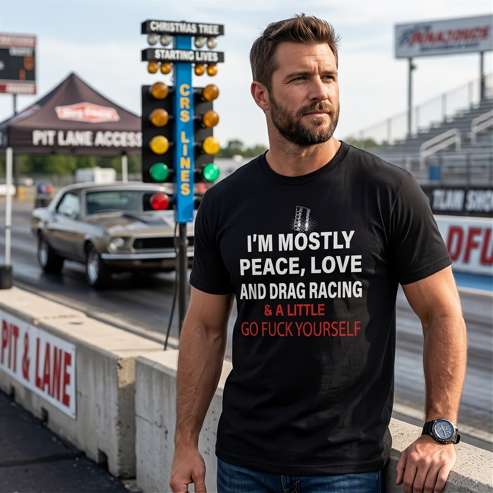 Man wearing a black t-shirt with drag racing quote text at a drag racing event