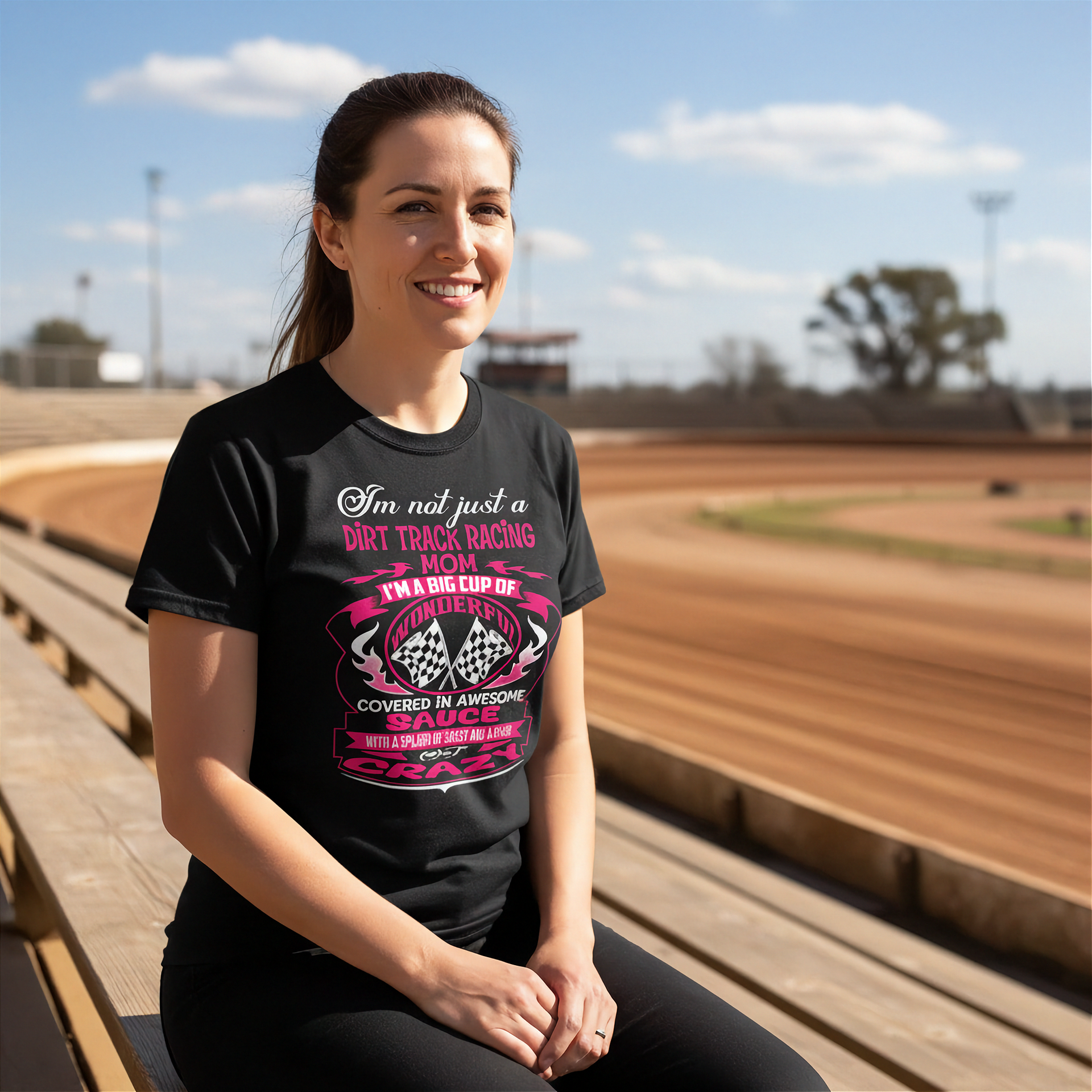 "I'm Not Just A Dirt Track Racing Mom" T-shirt design featured on a variety of women's apparel including hoodies, tanks, and v-necks for motorsports fans.