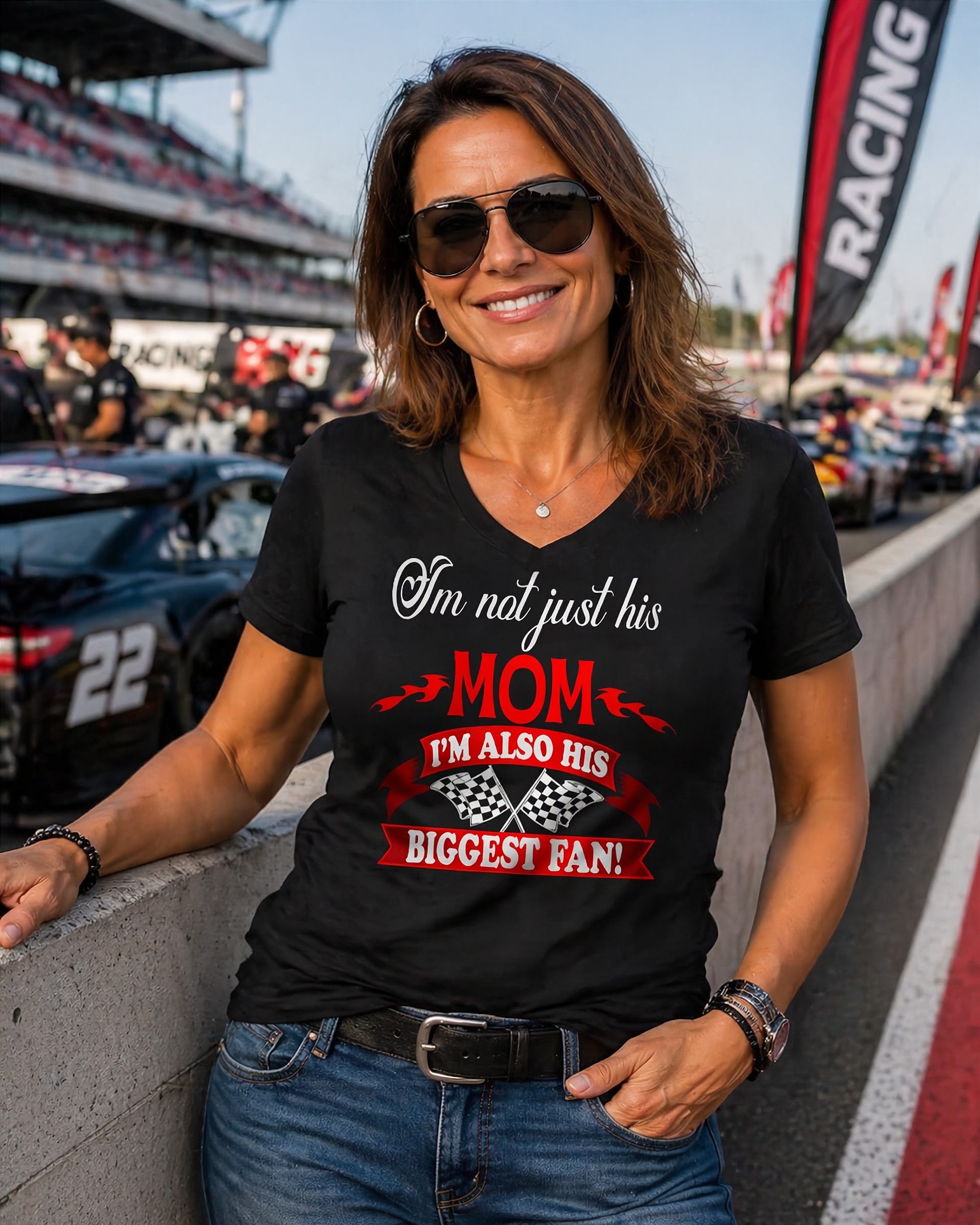 "I'm Not Just His Mom I'm Also His Biggest Fan" apparel collection featuring premium women's t-shirts, racerback tanks, soft v-necks, and cozy fleece hoodies for proud mothers.