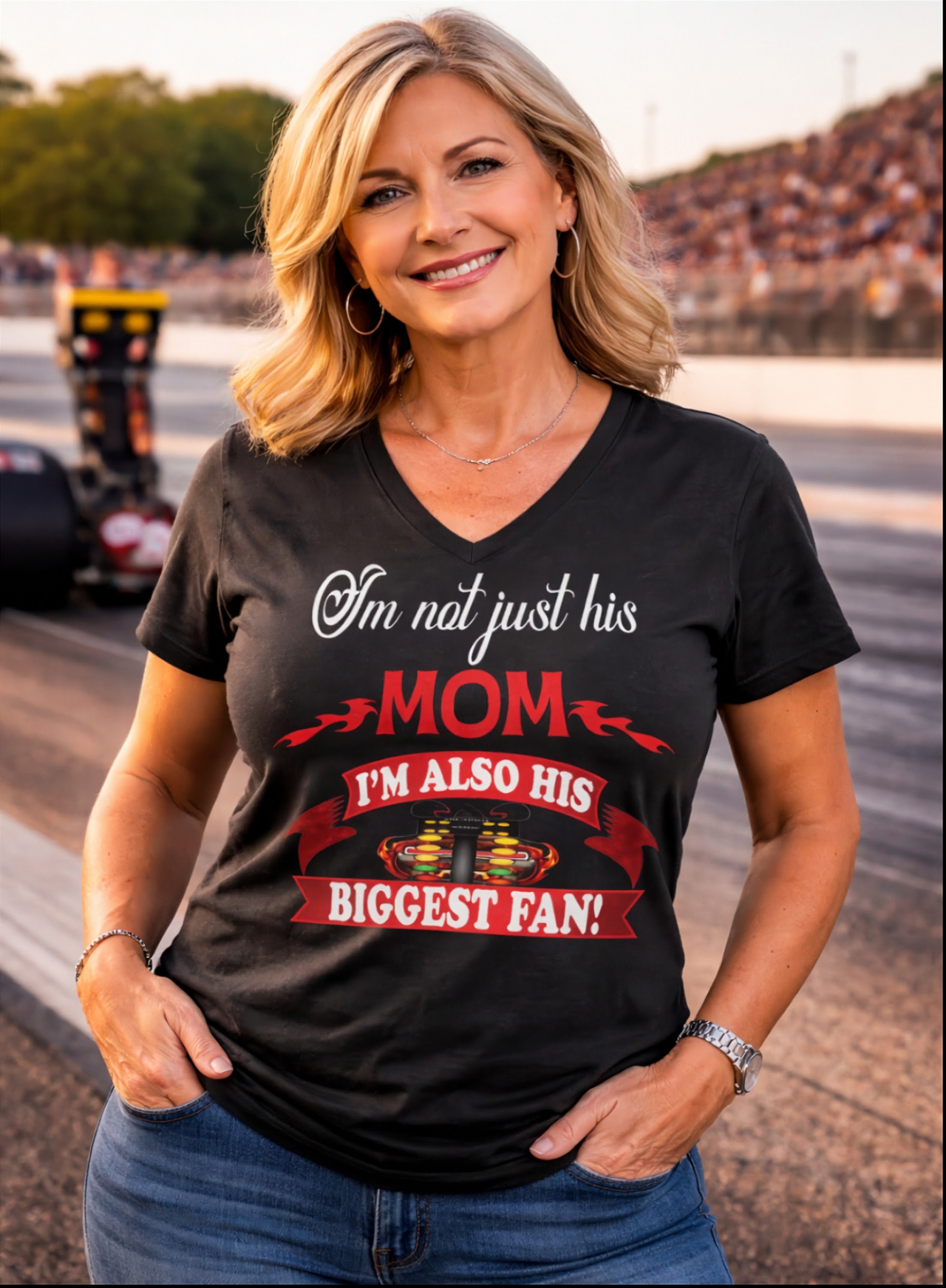 "I'm Not Just His Mom" drag racing apparel collection featuring premium women's v-necks, durable t-shirts, flowy racerback tanks, and cozy fleece hoodies.