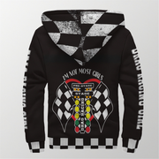 A black hooded sweatshirt shown from the back, featuring a bold drag racing graphic with checkered flags, the text 'I'M NOT MOST GIRLS', and 'DRAG RACING' with colored flags. The sleeves and hood also feature a black and white checkered pattern.