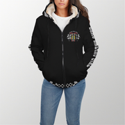 Black sneakers with checkered pattern and ' DRAG RACING' text on a white background