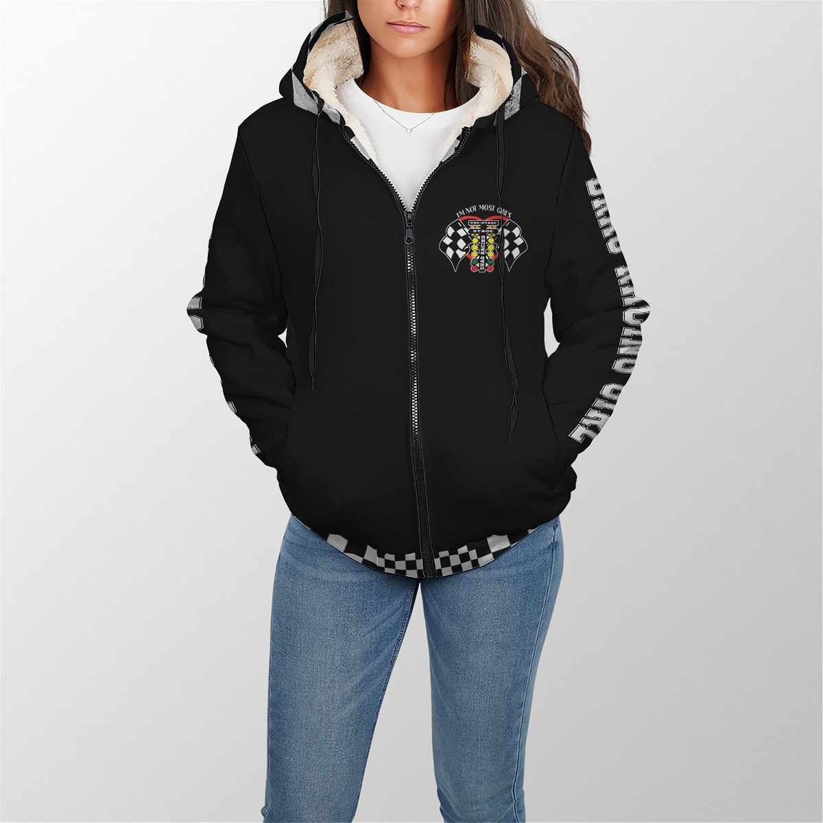Black sneakers with checkered pattern and ' DRAG RACING' text on a white background