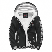 A black zip-up hooded jacket with a white sherpa lining, featuring a black and white checkered pattern along the zipper, cuffs, hem, and sleeves, with 'JACK DOG' printed vertically on the sleeves.