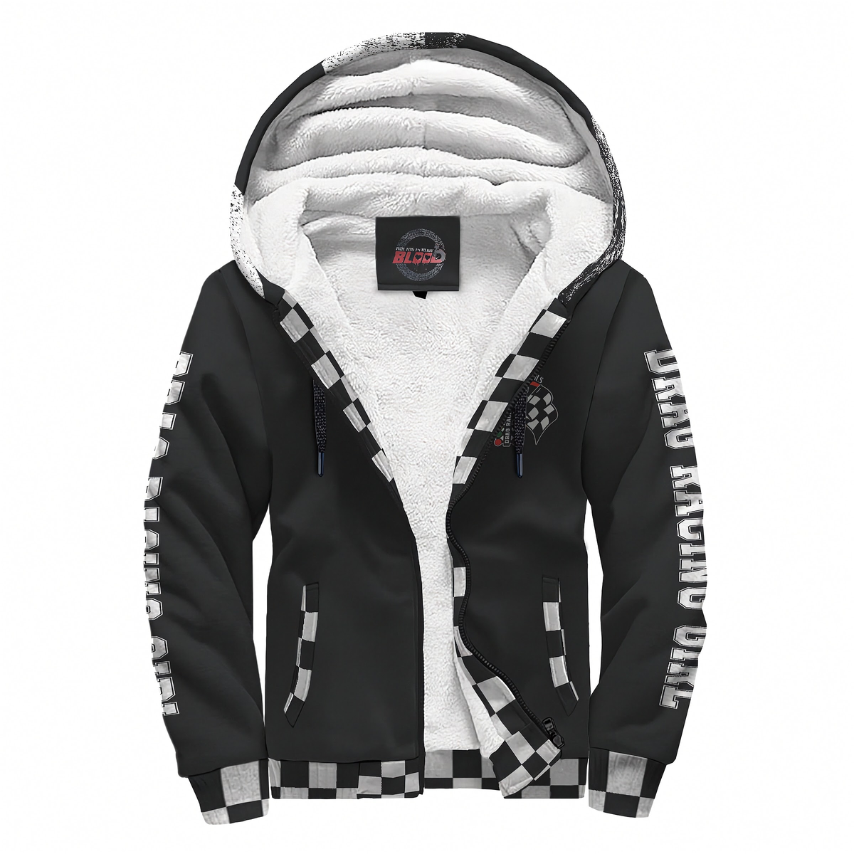 A black zip-up hooded jacket with a white sherpa lining, featuring a black and white checkered pattern along the zipper, cuffs, hem, and sleeves, with 'JACK DOG' printed vertically on the sleeves.