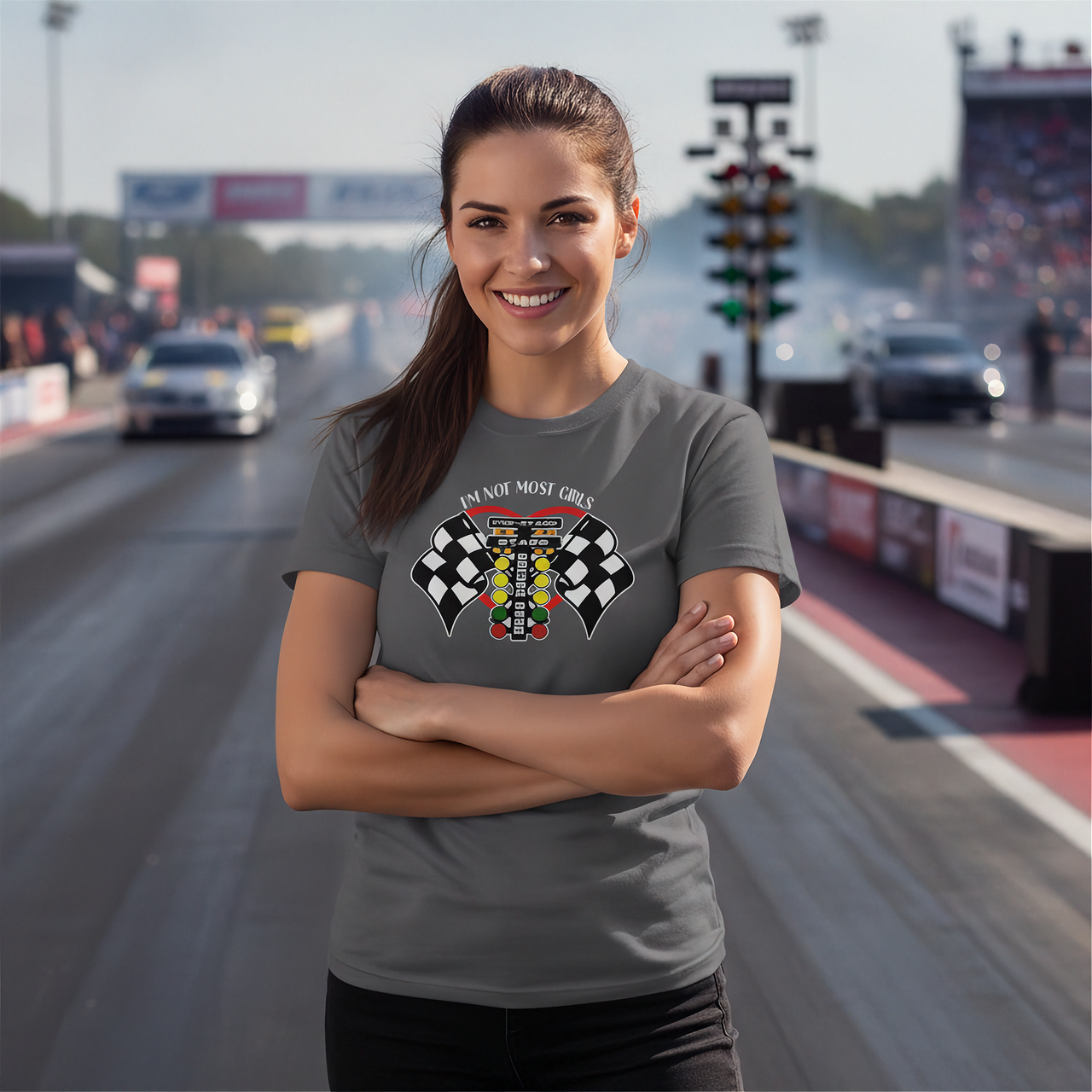 A woman stands on a drag racing track wearing a gray t-shirt with a graphic that reads 'I'M NOT MOST GIRL' above a checkered flag design with a colorful number 4. The background shows blurred race cars, track lights, and smoke.
