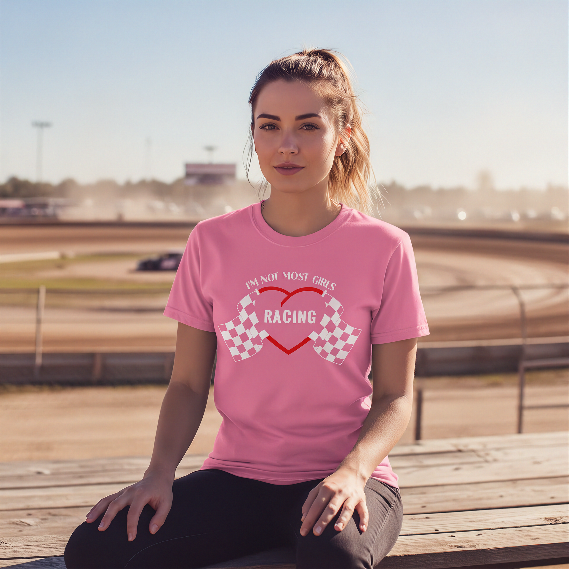 Woman wearing a pink t-shirt with racing design sitting on a wooden bench at a race track.