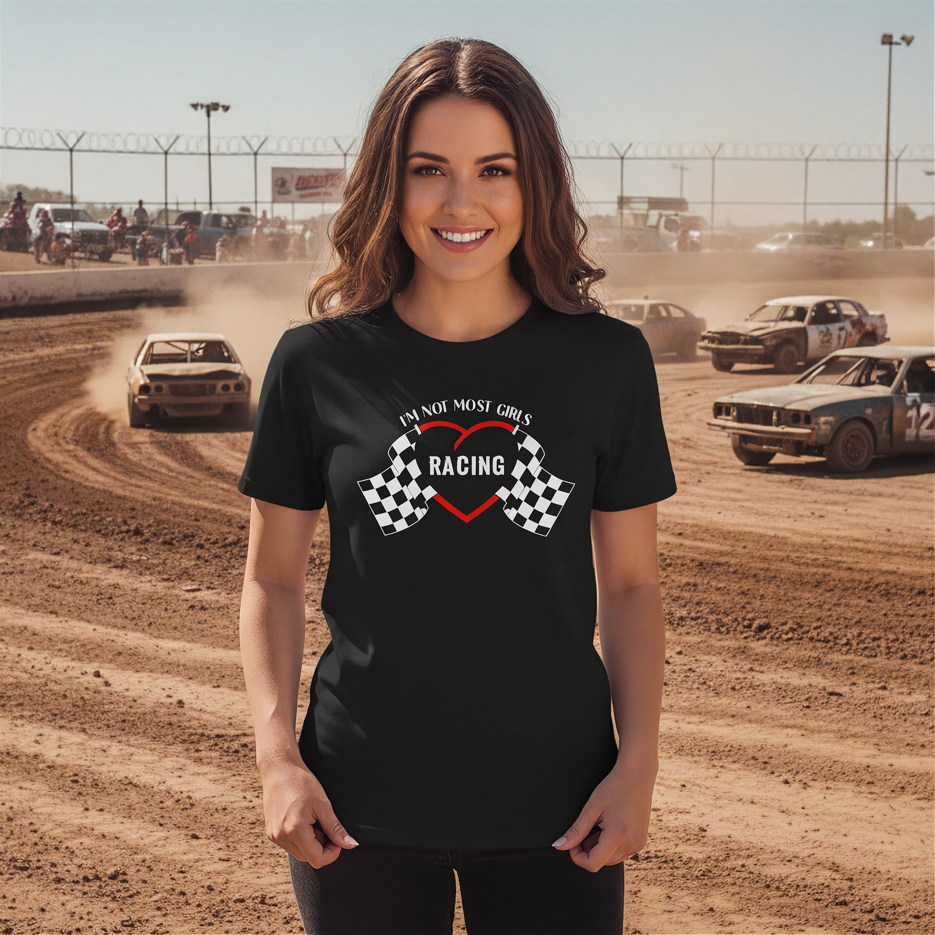 Woman wearing a black t-shirt with racing design at a race track.