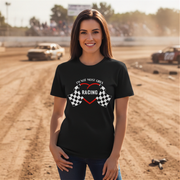 Woman wearing a black t-shirt with racing design on a dirt track background