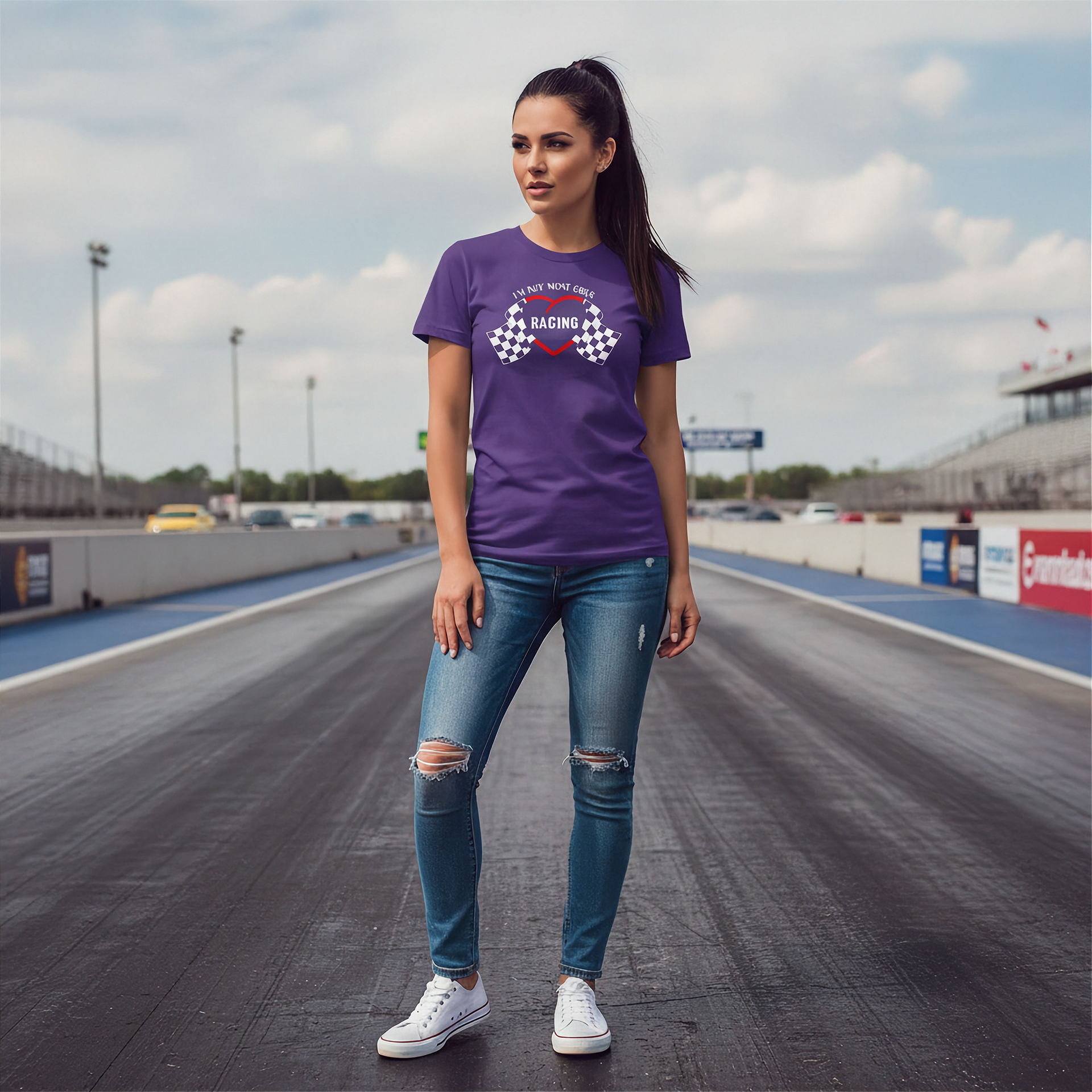 Woman wearing a purple t-shirt and blue jeans standing on a race track.