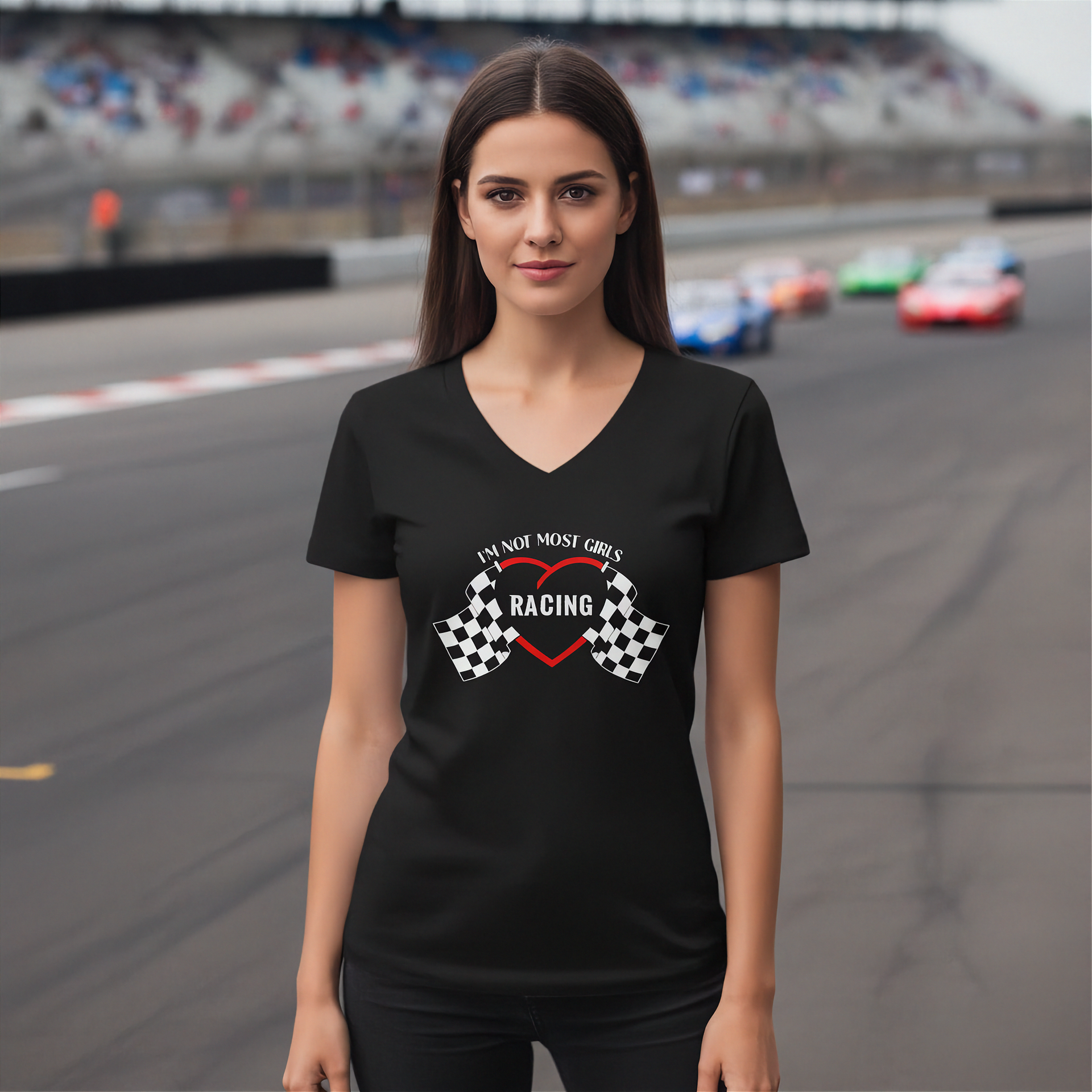 Woman wearing a black t-shirt with racing design on a race track background