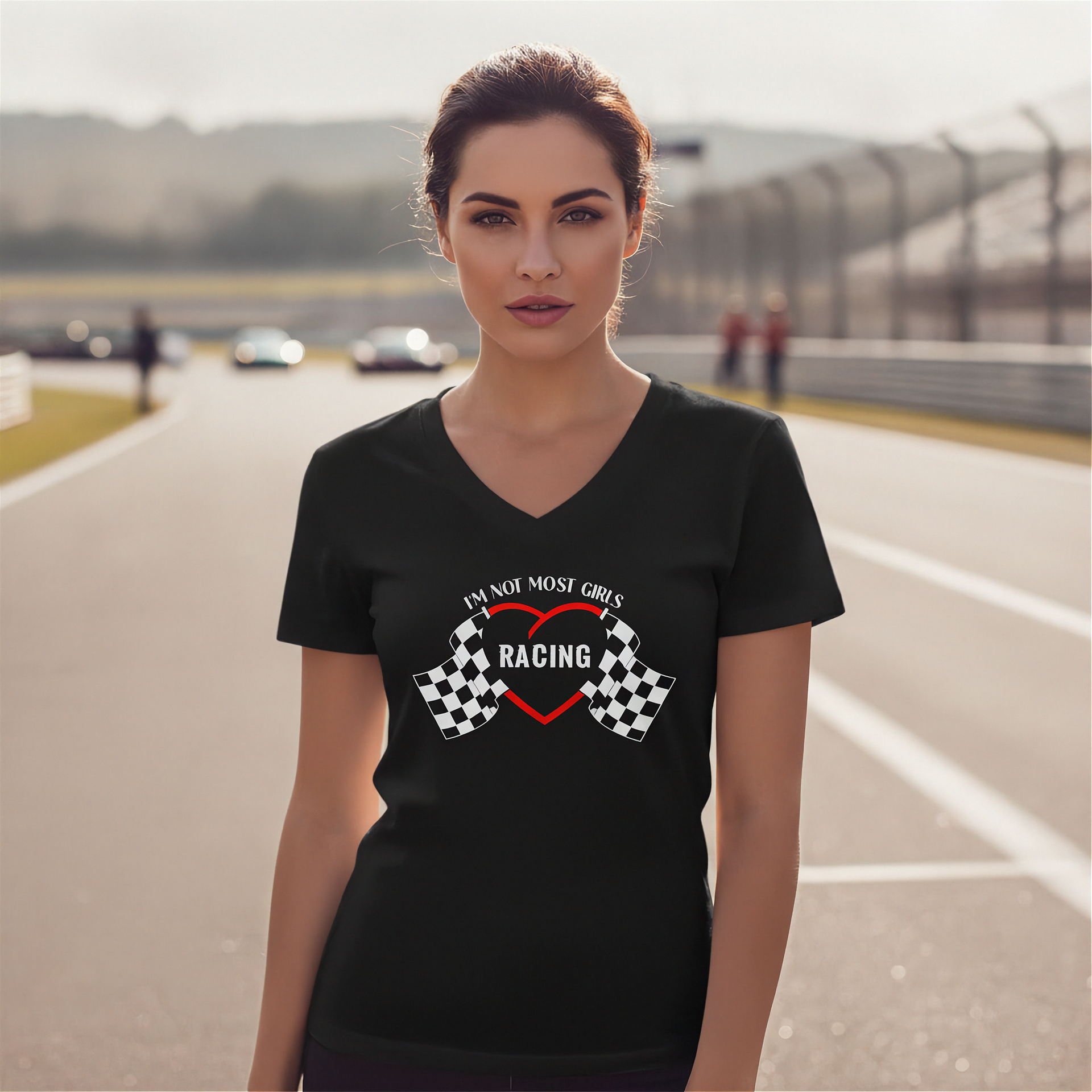 Woman wearing a black t-shirt with racing design on a race track