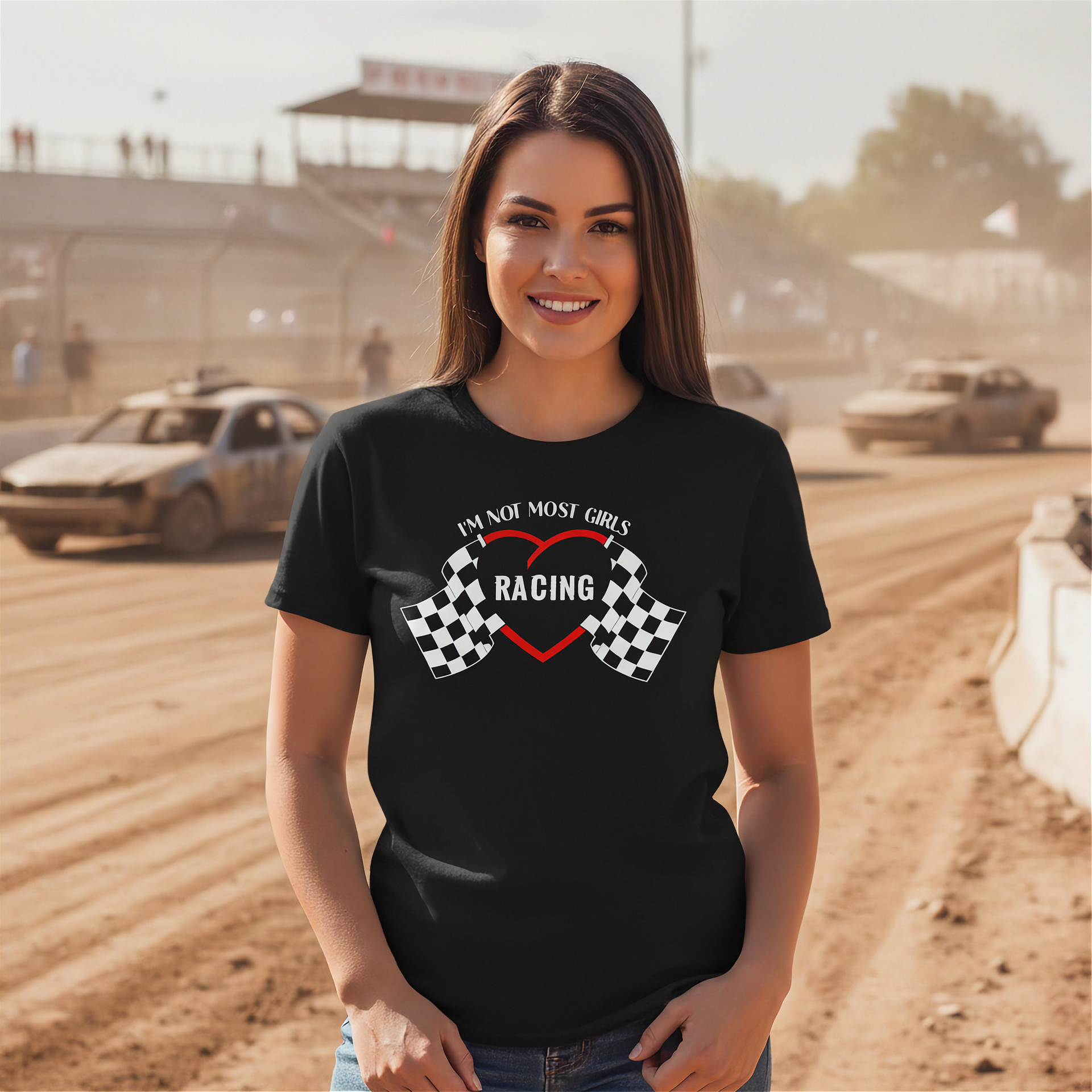Woman wearing a black t-shirt with racing design on a dirt track background