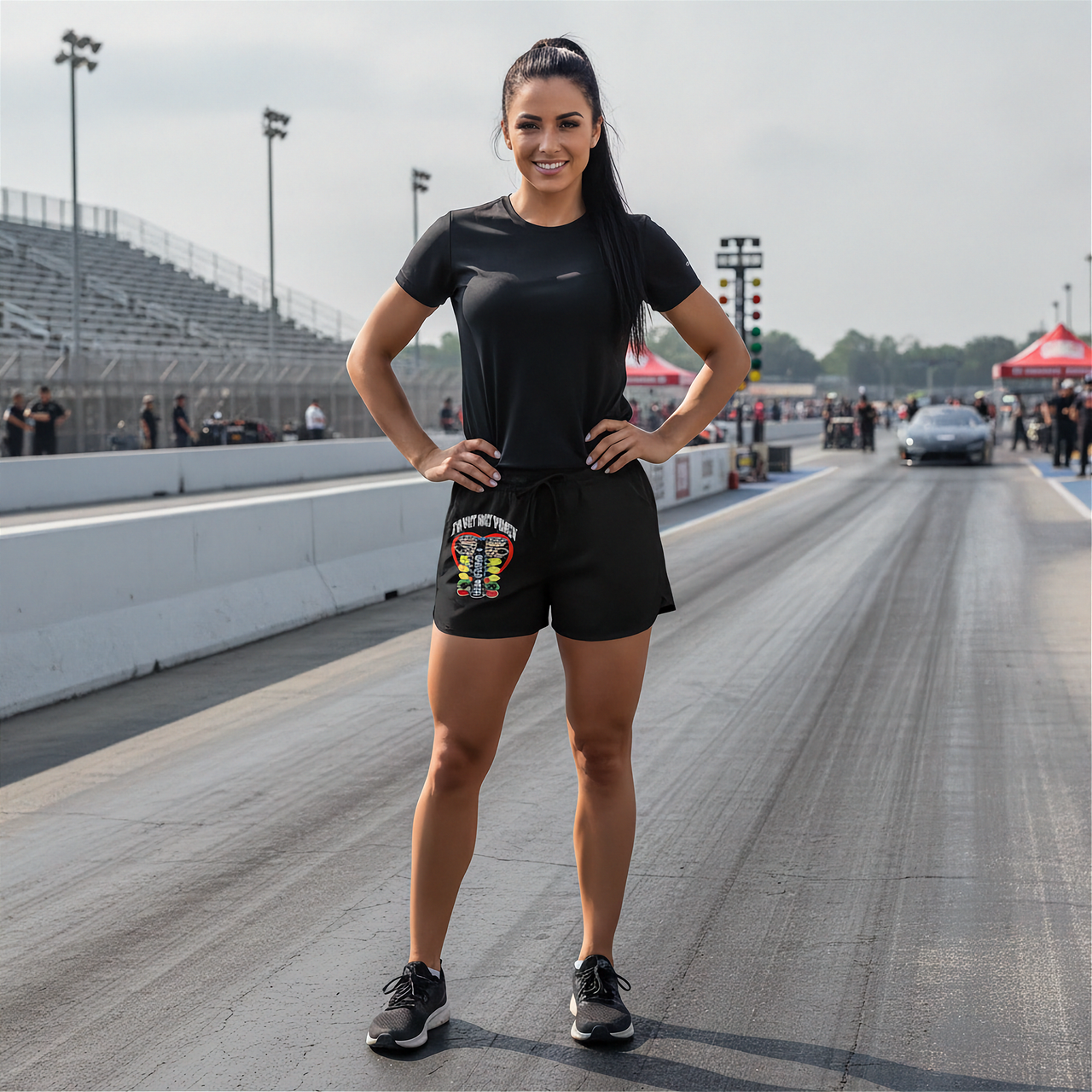 A woman stands on a drag racing track wearing a black athletic t-shirt and black shorts with a 'I'M NOT MOST WOMEN DRAG RACING' graphic on the left leg. The background shows empty grandstands, track lights, and a blurred race car in the distance.