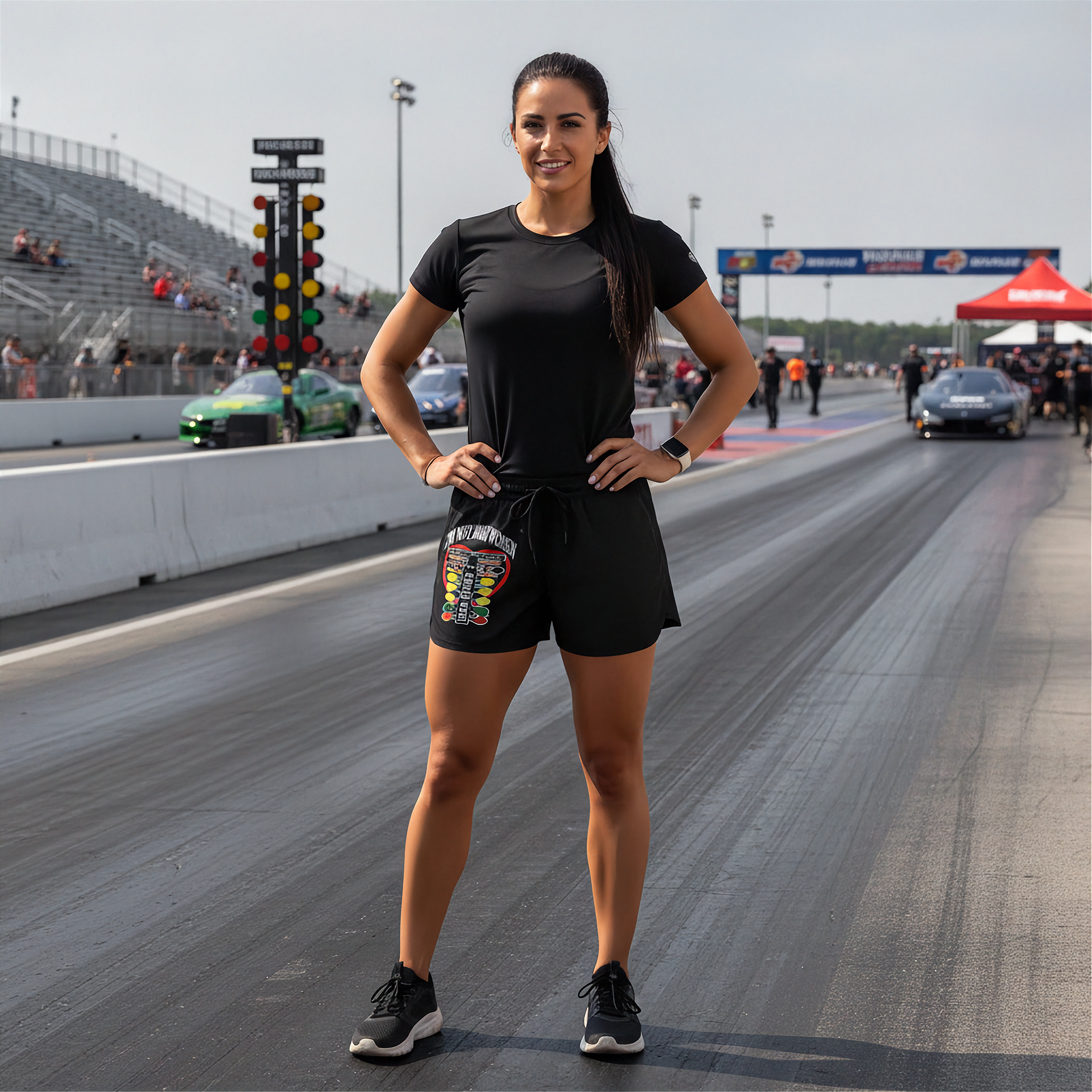 A woman stands on a drag racing track wearing a black short-sleeve t-shirt and black shorts with a colorful ''I'M NOT MOST WOMEN DRAG RACING'' pouch attached to the waist. The background shows the racetrack, grandstands, and race cars.