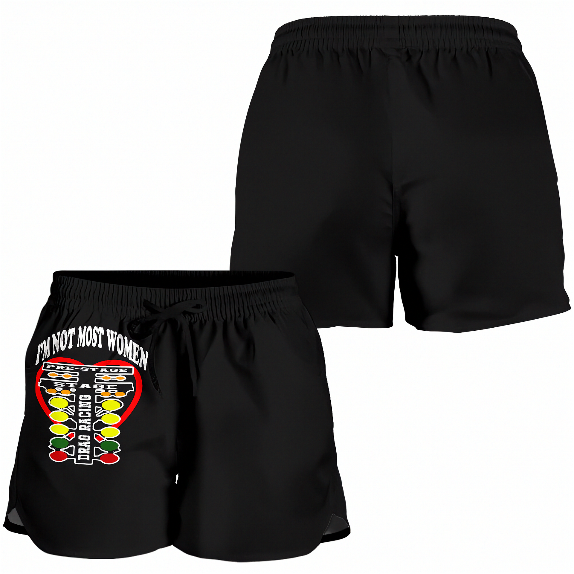 Black athletic shorts shown from two angles: a back view on the upper right and a front view on the lower left. The front view features a graphic with the text 'I'M NOT MOST WOMEN' above a stylized boxing ring design with yellow, red, and white elements.