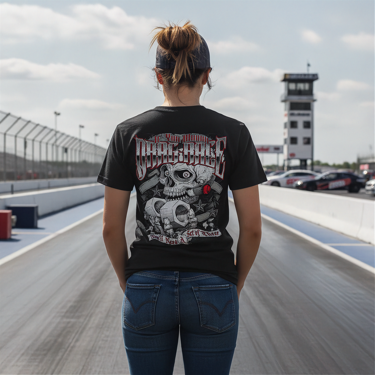 A woman stands on a racetrack wearing a black graphic t-shirt with a large skull and 'Drag race' print on the back, paired with blue jeans.