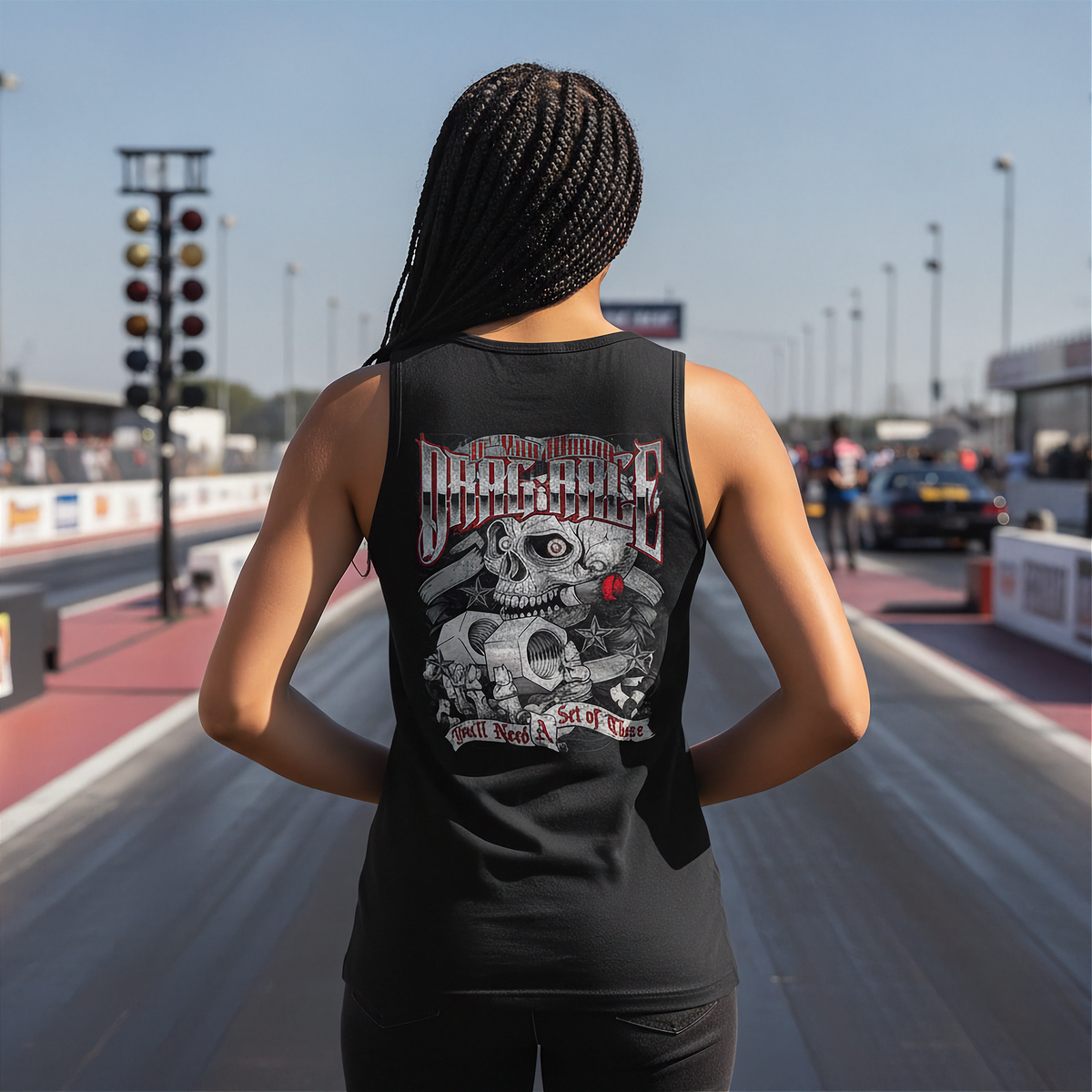 A woman standing on a drag racing track, viewed from behind, wearing a black tank top with a large graphic print on the back. The graphic features the text 'drag race' in a stylized font above a detailed illustration of a skull, car parts, and a small red heart.