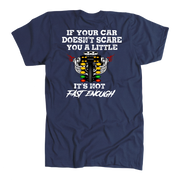 A navy short-sleeve t-shirt with a graphic print on the front. The graphic features the text 'IF YOUR CAR DOESN'T SCARE YOU A LITTLE' above a stylized car engine illustration with red wings and yellow accents, followed by 'IT'S NOT FAST ENOUGH' in a white brush font.