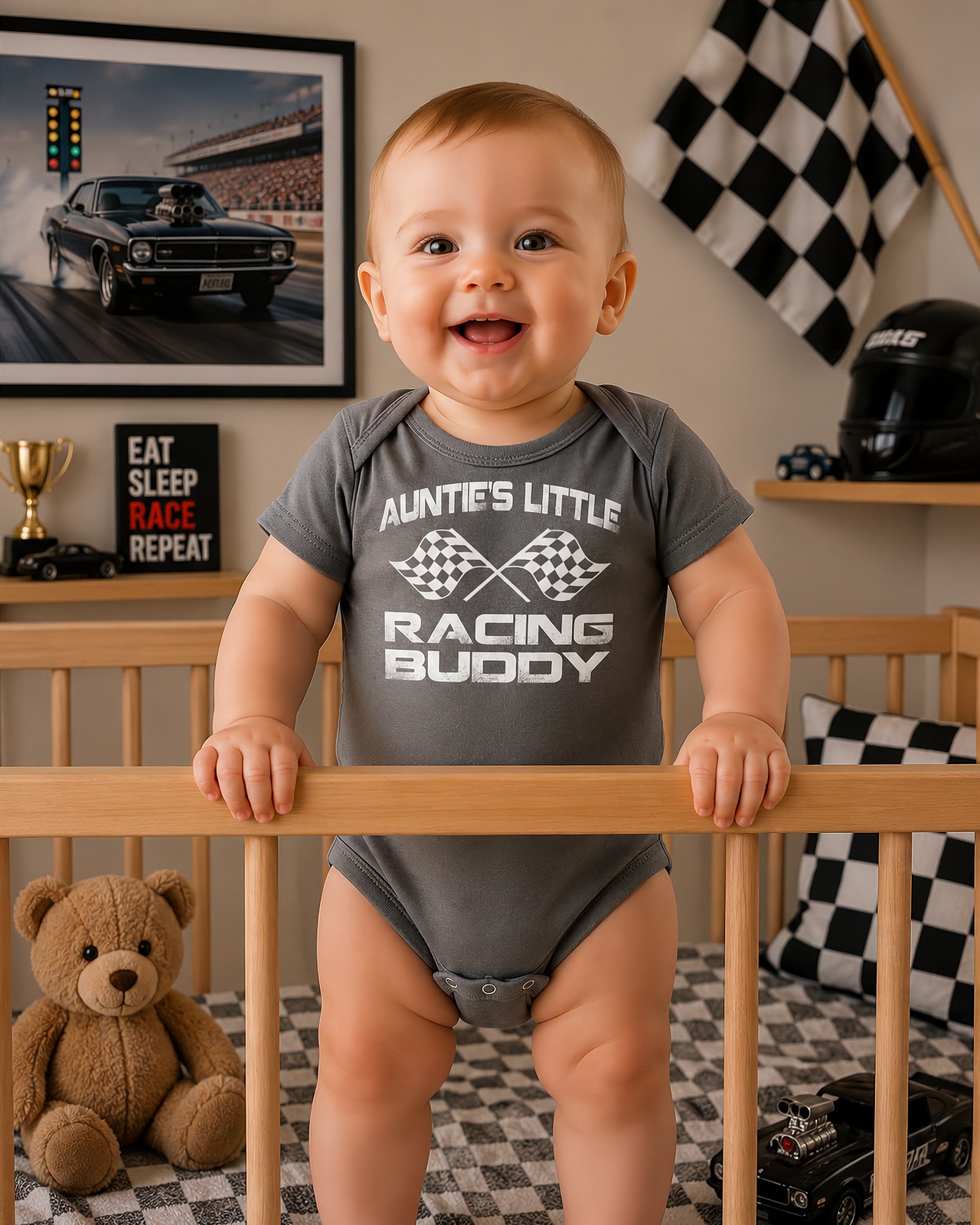 Infant onesies and youth hoodies featuring the "Auntie's Little Racing Buddy" design, made from soft combed ringspun cotton for the newest member of the racing family.