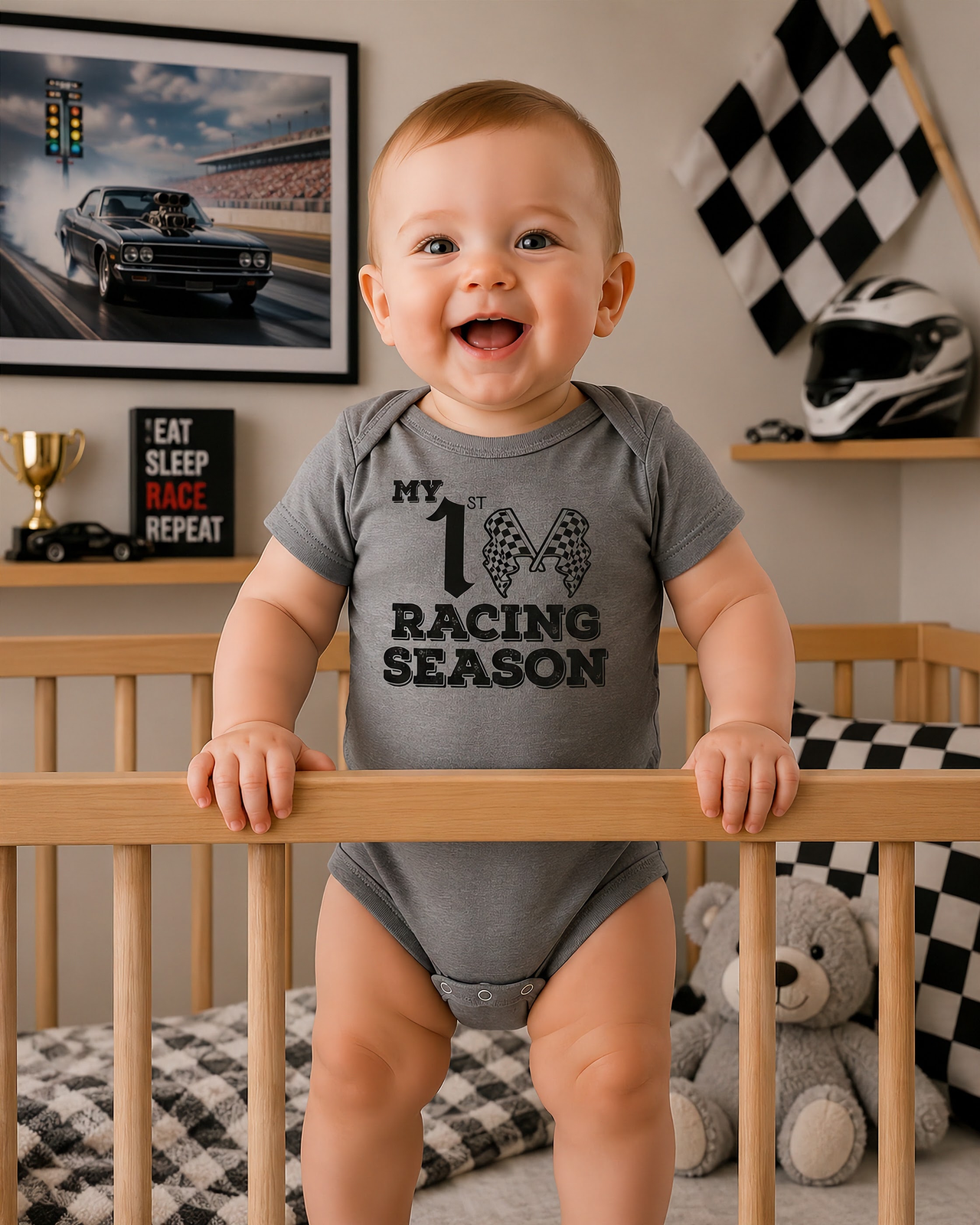 Infant onesies and youth hoodies featuring the "My 1st Racing Season" milestone design, crafted from soft combed ringspun cotton for future track stars.