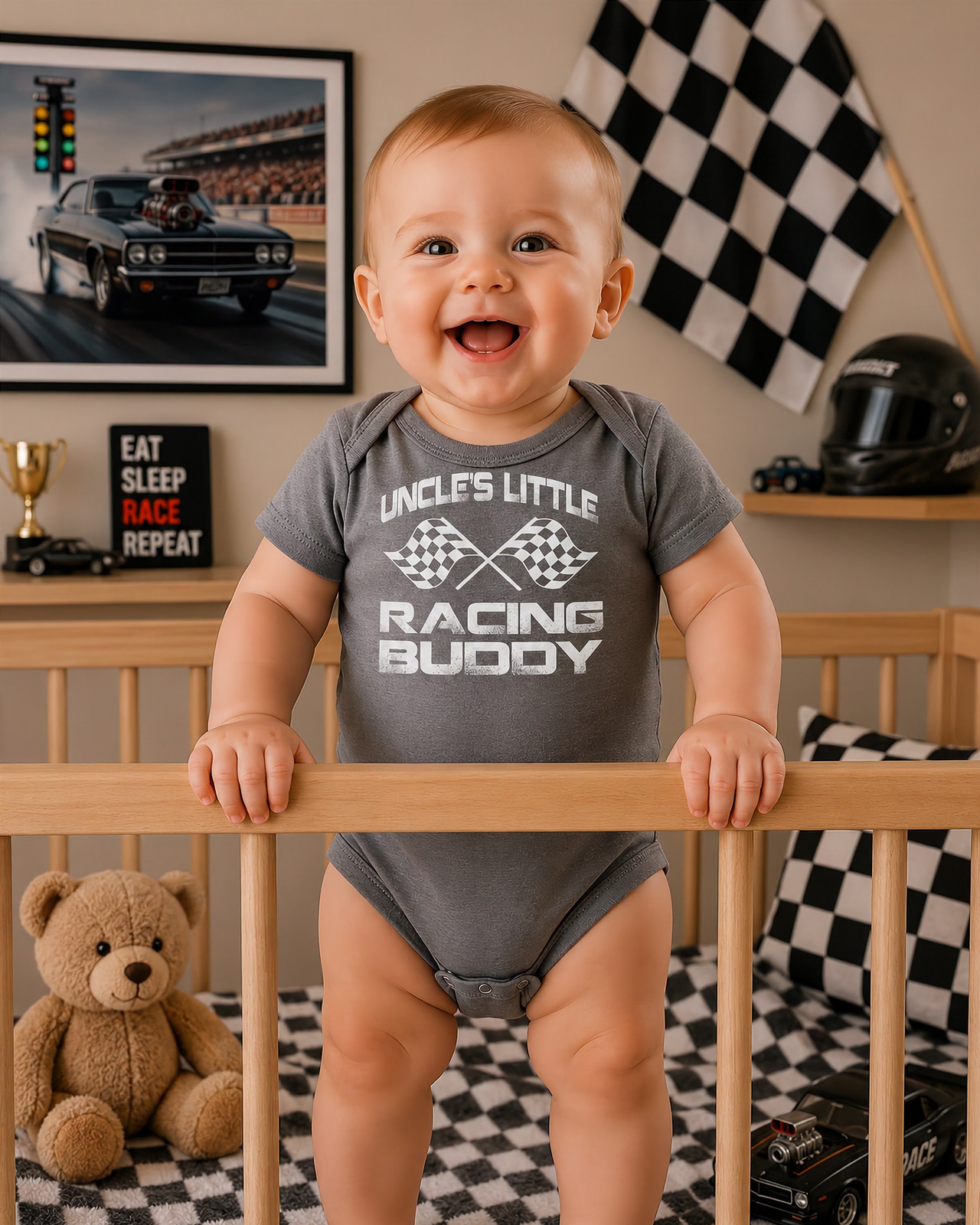 Infant onesies and youth hoodies featuring the "Uncle's Little Racing Buddy" graphic, crafted from soft combed ringspun cotton for the next generation of racers.