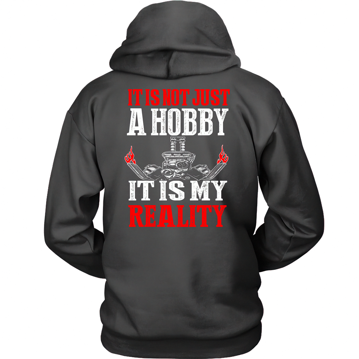 A dark gray hoodie shown from the back, featuring a graphic print with the text 'IT IS NOT JUST A HOBBY IT IS MY REALITY' in red and white, along with a small illustration of a ski jump and crossed skis.